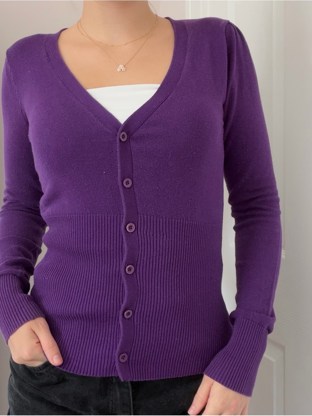 Purple V-Neck Button-Up Women's Sweater
